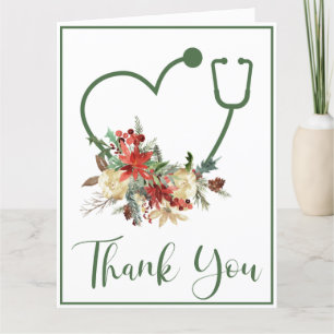 Holiday Green Floral Stethoscope Heart Thank You Card