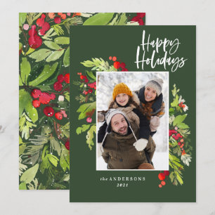 Holiday green foliage traditional rustic photo card
