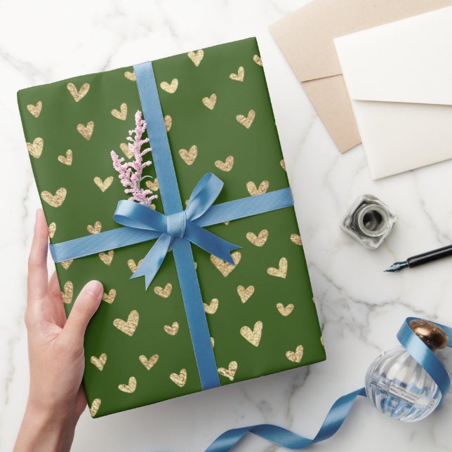 Holiday Green Gold Love Hearts Wrapping Paper (Gifting)