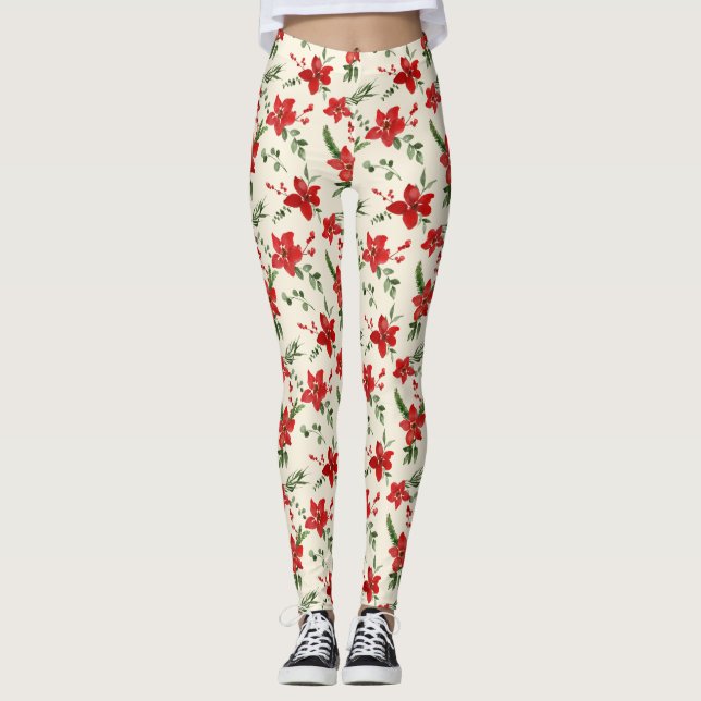 Holiday Green Holly Red Floral Christmas Pattern  Leggings (Front)