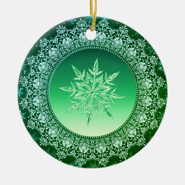 Holiday Green Ice Crystal Snowflake Ceramic Ornament (Front)