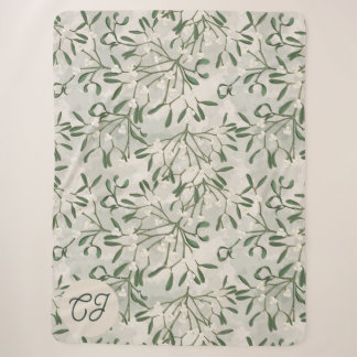 Holiday Green Mistletoe Berries Pattern Monogram Sherpa Blanket