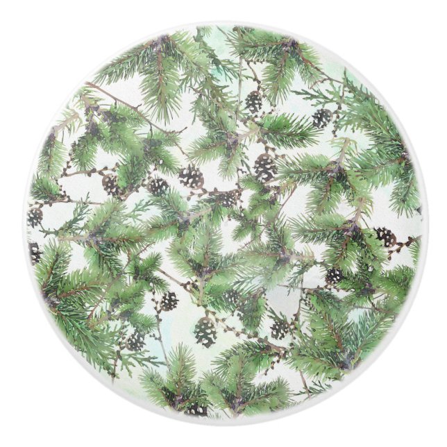 Holiday Green & Pine Cones Country Winter Rustic Ceramic Knob (Front)