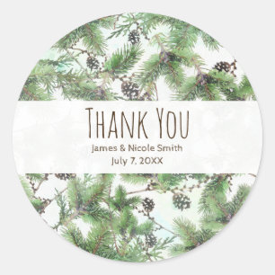 Holiday Green & Pine Cones Country Winter Wedding Classic Round Sticker