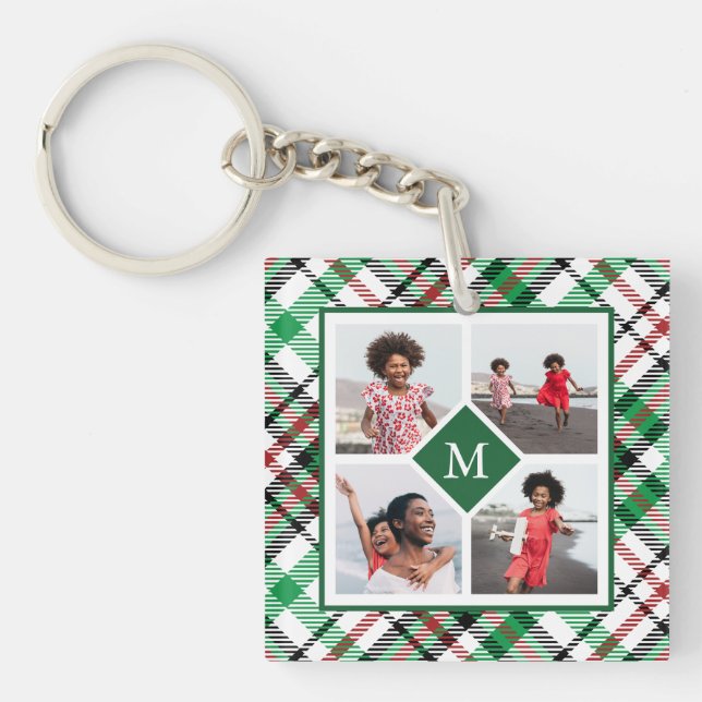 Holiday Green Plaid Photo Collage and Monogram Keychain (Front)