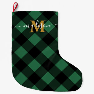 Holiday Green Plaid with Monogram and Name Large Christmas Stocking