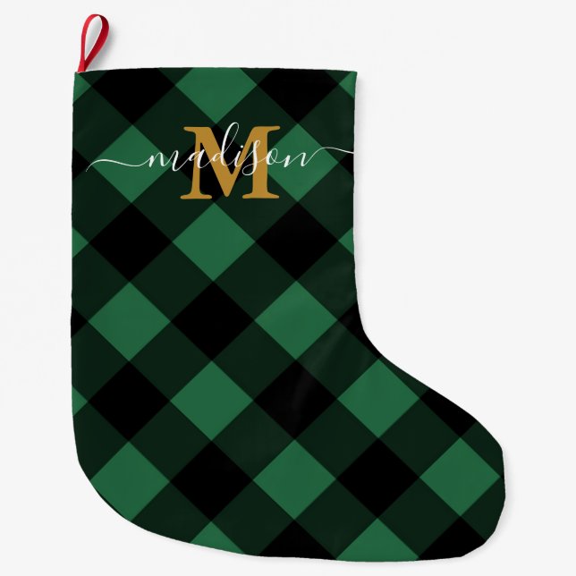 Holiday Green Plaid with Monogram and Name Large Christmas Stocking (Front)