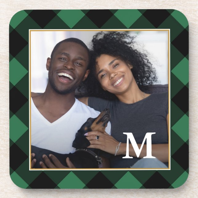 Holiday Green Plaid with Monogram Photo Coaster (Front)