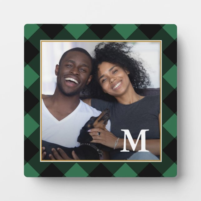 Holiday Green Plaid with Monogram Photo Plaque (Front)