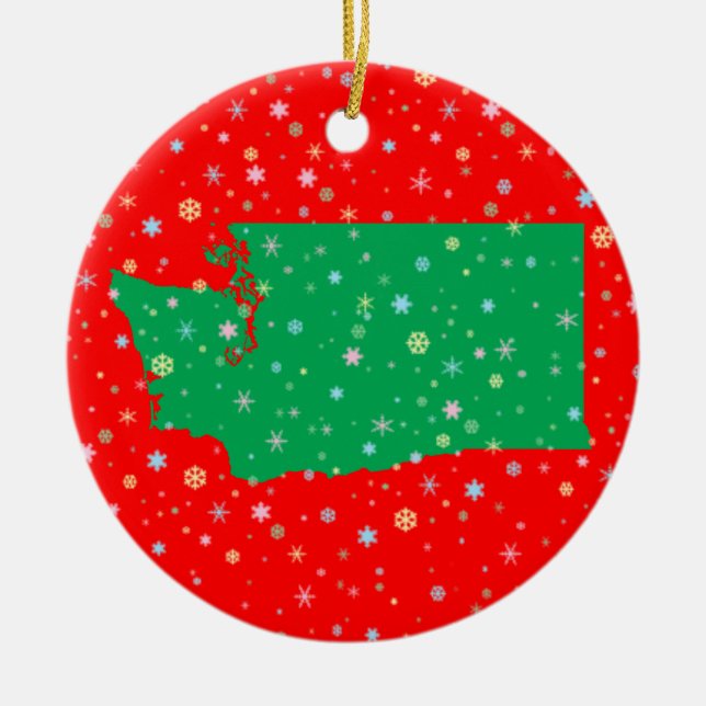 Holiday Green Red Map of Washington State Snow Ceramic Ornament (Front)
