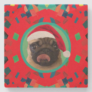 Holiday Green Red Your Dog Photo-Add Our Santa Hat Stone Coaster
