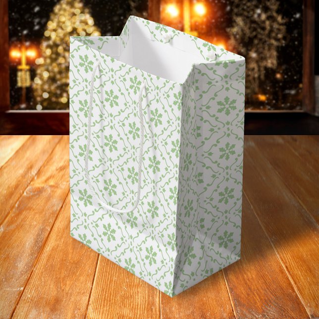 Holiday Green Snowflakes Pattern Christmas Custom Medium Gift Bag (Simple green snowflake design gift bag)