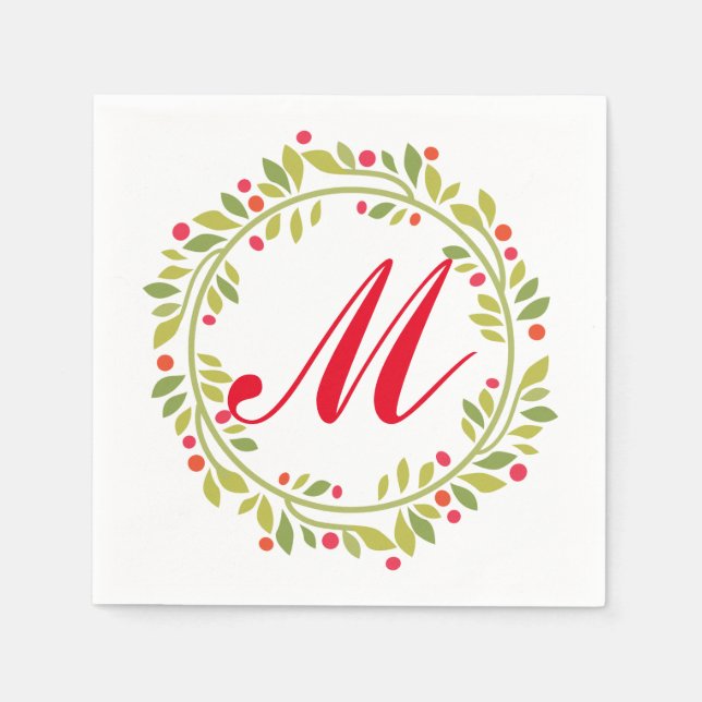 Holiday Green Wreath Red Monogram Paper Napkin (Front)