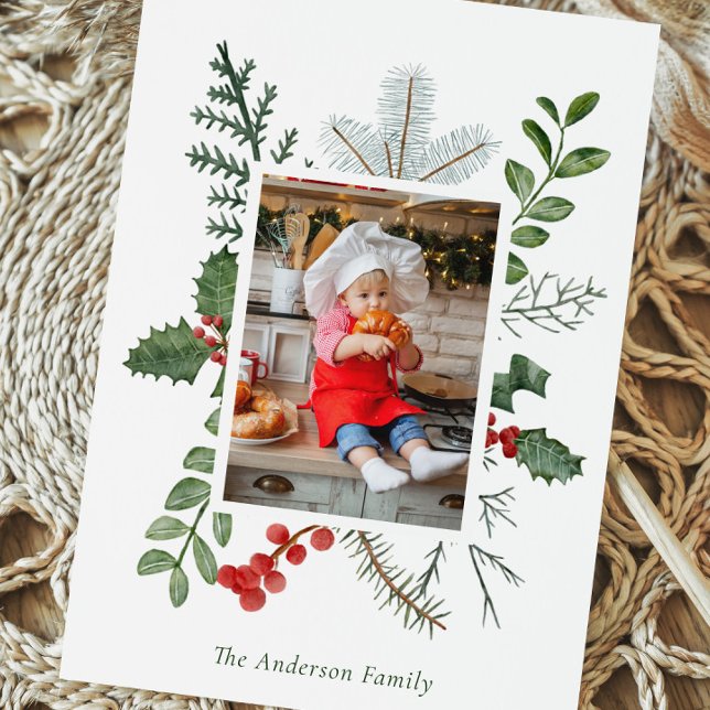 Holiday Greenery & Berry Photo Christmas Postcard (Creator Uploaded)