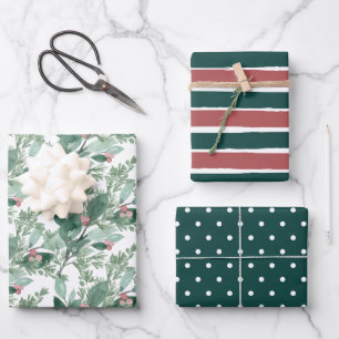 Holiday Greenery Dark Green and Red Christmas Wrapping Paper Sheet