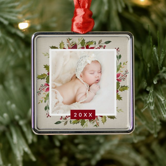 Holiday Greenery Keepsake Photo Christmas Metal Ornament (Tree)