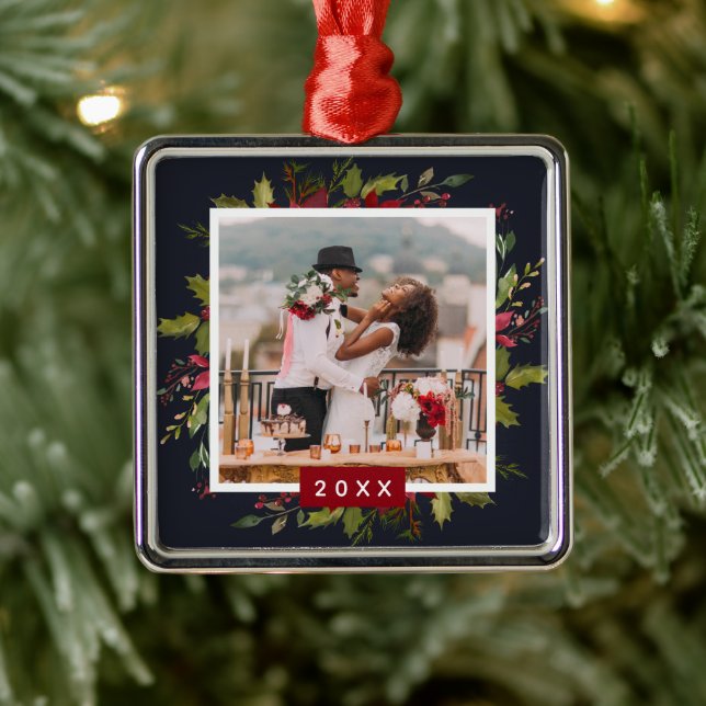 Holiday Greenery Keepsake Photo Christmas Metal Ornament (Tree)