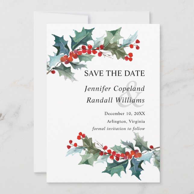 Holiday Greenery Save the Date Card (Front)