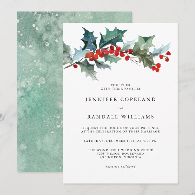 Holiday Greenery Watercolor Wedding Invitation (Front/Back)