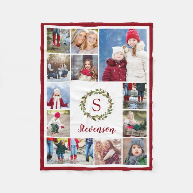 Holiday Greenery Wreath Family Monogram 12 Photo Fleece Blanket (Front)