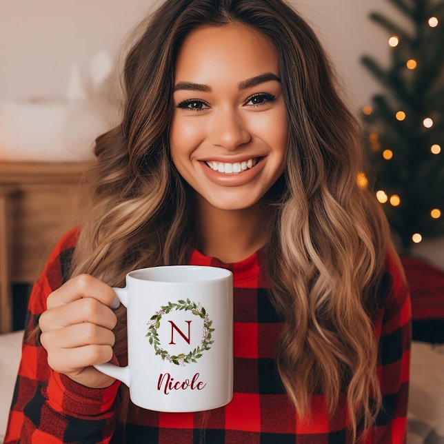 Holiday Greenery Wreath Family Monogram Coffee Mug (Creator Uploaded)