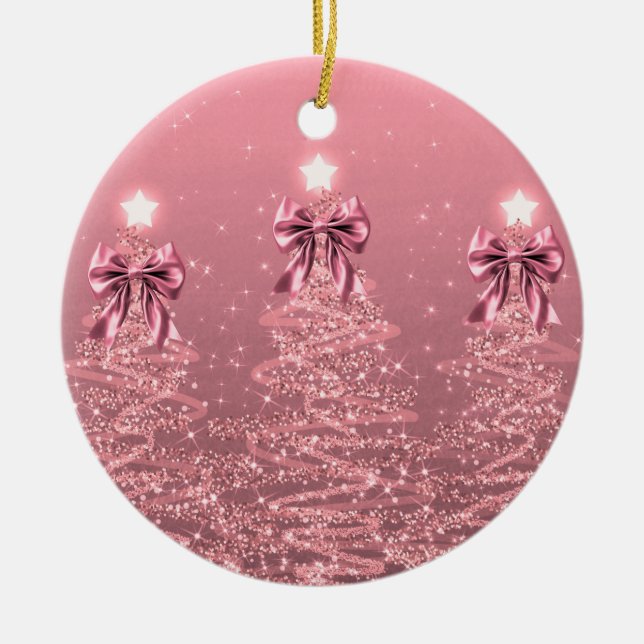 Holiday Greeting Blush Pink Christmas Trees Bows Ceramic Ornament (Front)