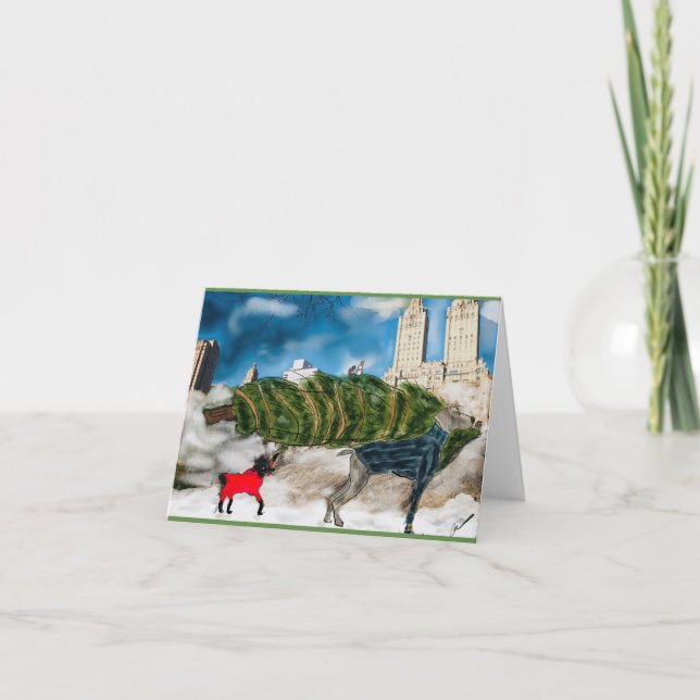 Holiday greeting card dogs get a Christmas tree NY (Front)