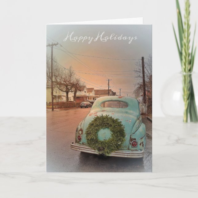 Holiday Greeting Card Vintage Car Memory Wreath  (Front)