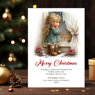 Holiday Greeting Cute Little Girl Winter Scene Art Card