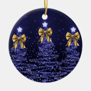 Holiday Greeting Navy Blue Christmas Trees Gold  Ceramic Ornament