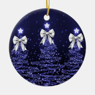 Holiday Greeting Navy Blue Christmas Trees Silver Ceramic Ornament