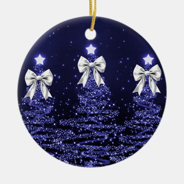 Holiday Greeting Navy Blue Christmas Trees Silver Ceramic Ornament (Front)