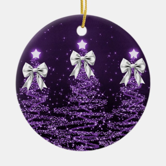 Holiday Greeting Purple Christmas Trees Silver Ceramic Ornament (Front)
