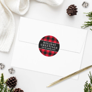 Holiday Greetings Classic Red Buffalo Check Round Sticker