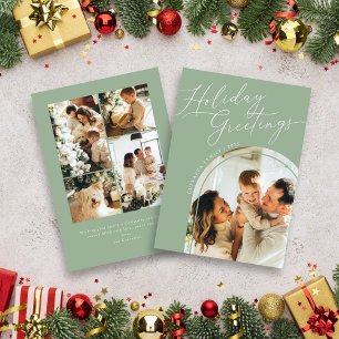 Holiday Greetings Five Photo Christmas Sage Green Card