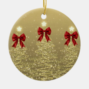 Holiday Greetings Gold Christmas Trees w/ Red Bows Ceramic Ornament