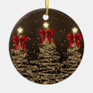 Holiday Greetings Gold Christmas Trees w/ Red Bows Ceramic Ornament
