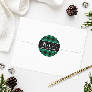 Holiday Greetings Green Buffalo Plaid Family Classic Round Sticker