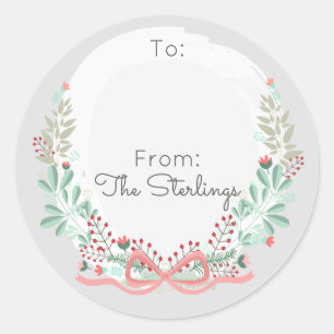 Holiday Greetings Modern Floral Wreath To & From Classic Round Sticker