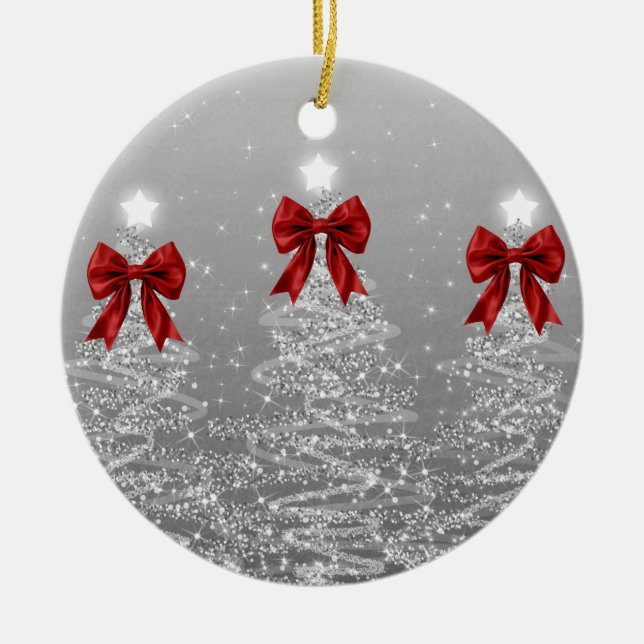 Holiday Greetings Silver Christmas Trees Red Bows Ceramic Ornament (Front)