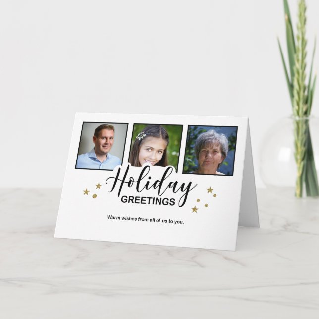 Holiday Greetings White 3 Photo Glitter Effect Card (Front)