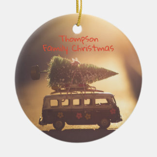 Holiday Groovy Van with Bottle Brush Tree on top Ceramic Ornament