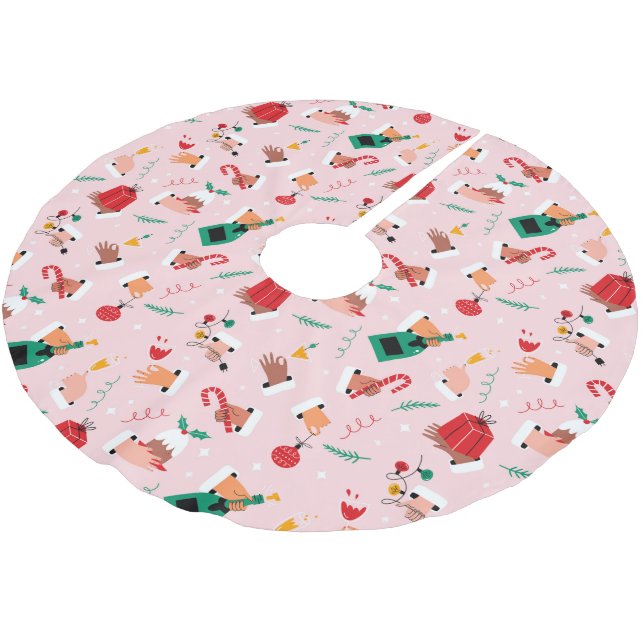 Holiday Hands Festive Celebration Pattern Brushed Polyester Tree Skirt (Angled)