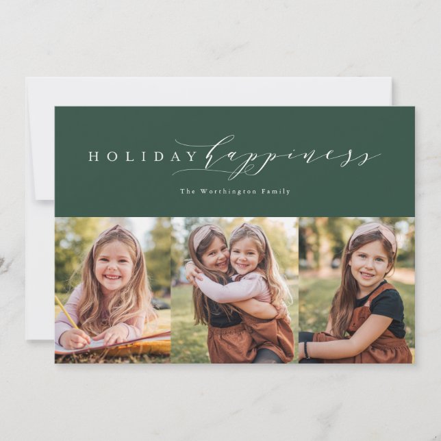 Holiday happiness green three photo card (Front)