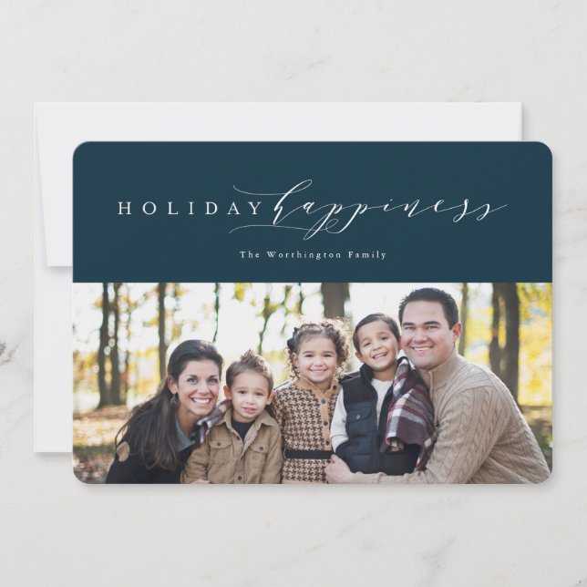 Holiday happiness navy Christmas photo card (Front)