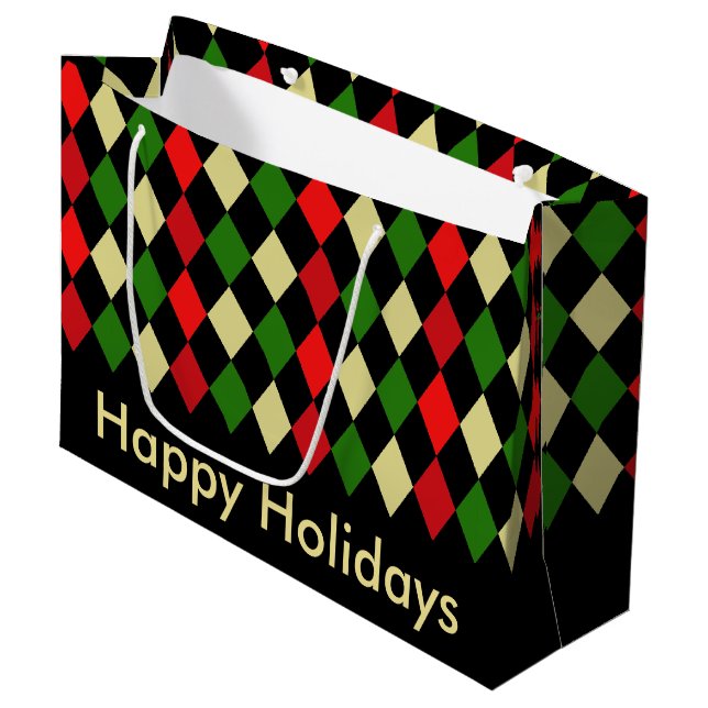 Holiday Harlequin Geometric Pattern Large Gift Bag (Front Angled)