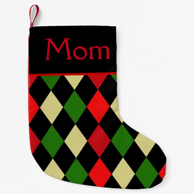 Holiday Harlequin Geometric Pattern Personalized Small Christmas Stocking (Front)
