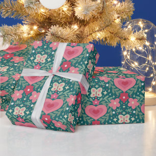 Holiday Hearts & Flowers – Soft Red, Green & Gold Wrapping Paper