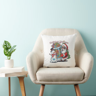"Holiday Helpers" Cool Santa & Snowman Christmas  Throw Pillow