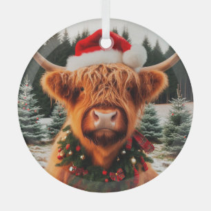 Holiday Highland Cow Glass Ornament